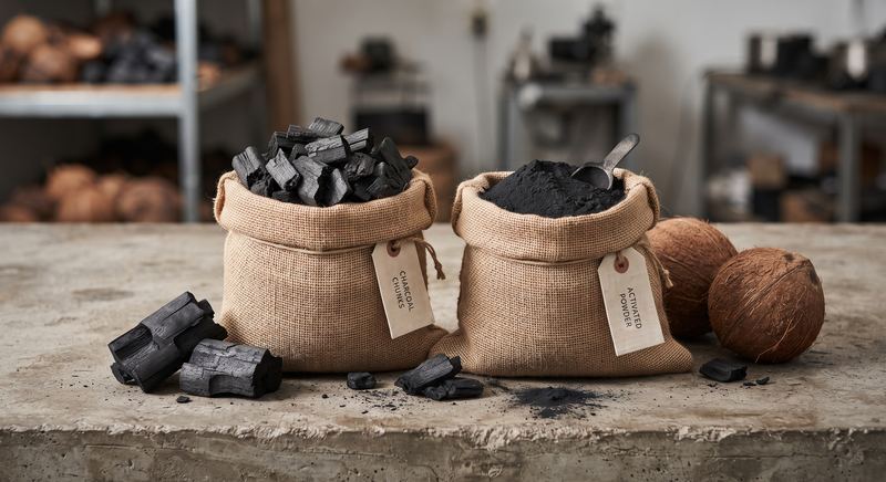 Coconut shell charcoal and activated carbon